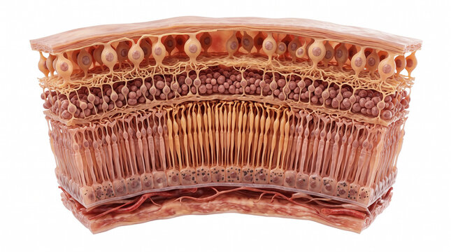 3D CGI cross-section of the layered retina showing its stratified cellular structure