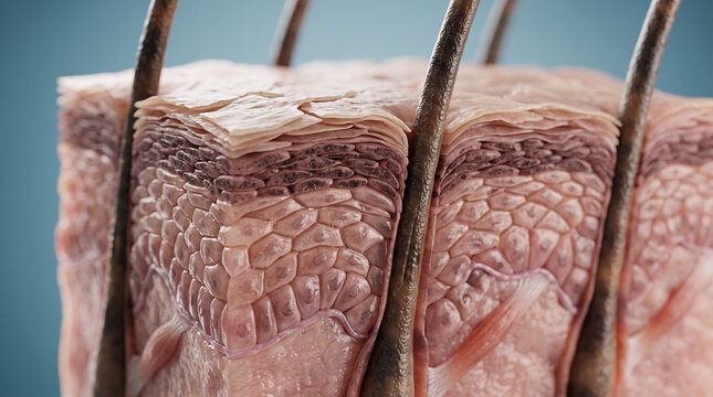 3D CGI deep cross-section of human skin layers with a hair follicle reaching the subcutaneous layer