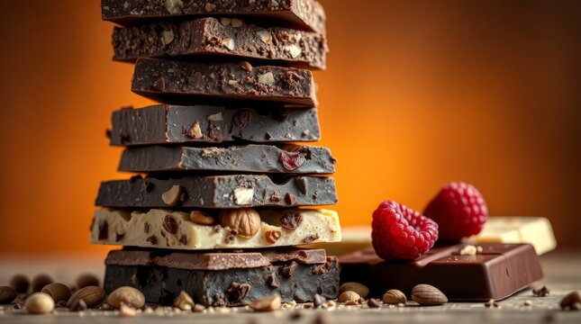 High stack of various gourmet chocolate bars with nuts and berries
