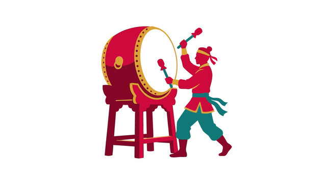 Flat vector performer playing large traditional red drum