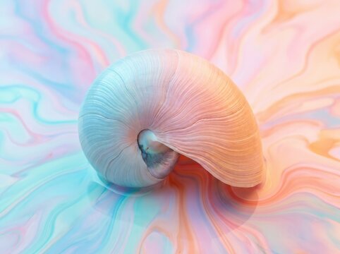 Seashell spiral on pastel liquid marble background with soft vibrant color swirls