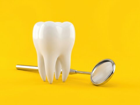 Single tooth and dental mirror on yellow background for dental care and oral hygiene concept.