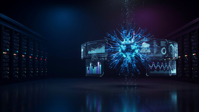 Modern futuristic technology interface displaying data analytics and neural network visualization
