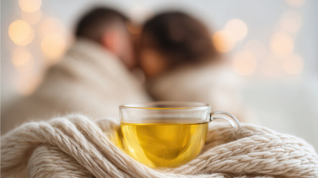 Warm tea cup on blanket with blurred couple and soft glow romantic wellness scene