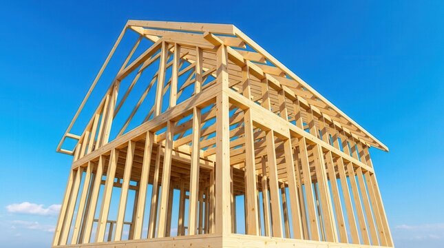 Wooden house frame under construction against a bright blue sky background, 3D rendering concept of home building.