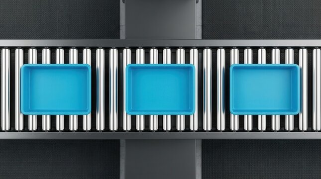 Top view of empty plastic containers on an airport conveyor