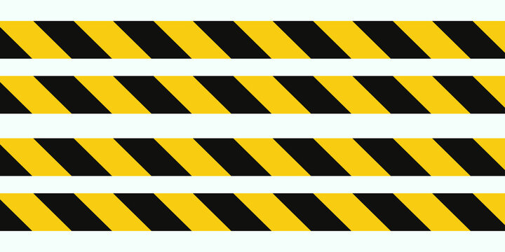 Warning tape with yellow and black diagonal stripes. Warn stop seamless line. Yellow and black caution tape border.