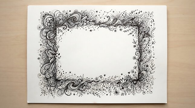 Intricate hand drawn black ink doodle frame with floral and cosmic elements on a wooden table surface