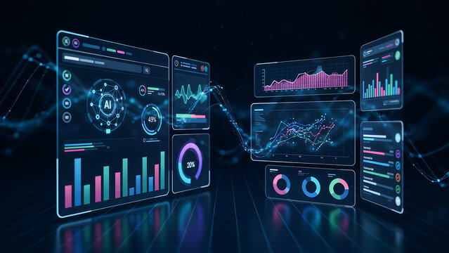 Modern digital dashboard displaying futuristic ai analytics and business data on multiple screens