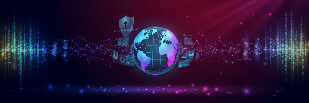Digital globe with security shield connected to network data stream background