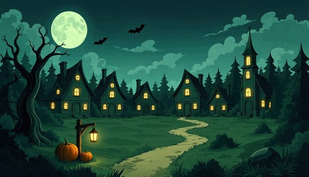 Spooky village landscape at night with glowing lanterns and full moon.