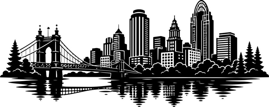 Cincinnati Ohio city skyline silhouette with suspension bridge vector