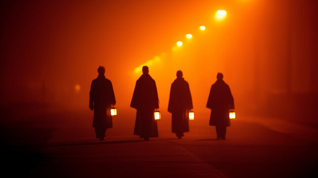 Group Of Four Figures Carrying Glowing Lanterns Through Dense Night Mist