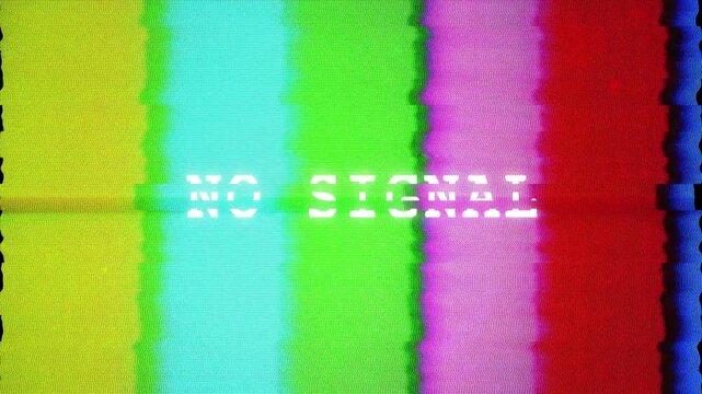 Retro color test card with No Signal text, old television static VHS