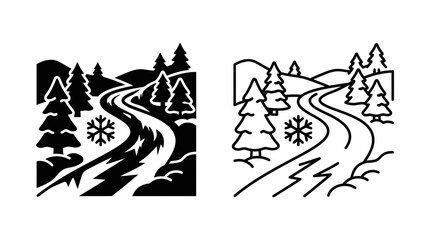 Forest landscape with winding river and snow black and white vector illustration