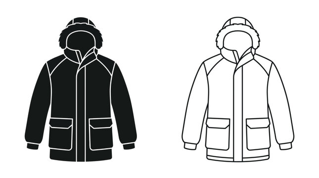Winter parka silhouette with hood and pockets black and white vector illustration