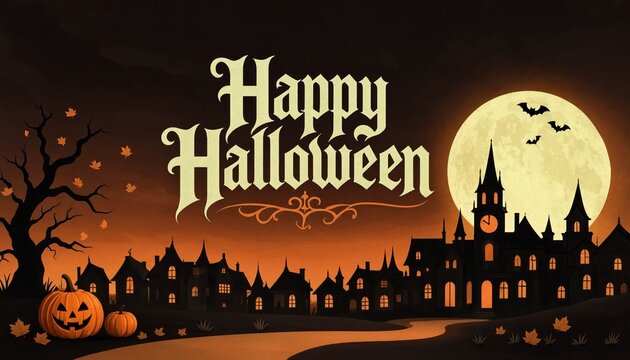 Happy halloween festive banner featuring vintage village church and full moon with orange sunset atmosphere for holiday season event.