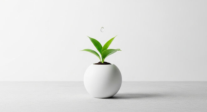 Minimalist green plant in white ceramic pot, small sprout growing in round planter, clean interior decor on white background