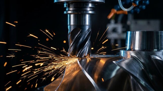 Close up view of an industrial CNC milling machine cutting a precision metal turbine component generating bright orange flying sparks in a dark manufacturing environment.