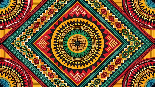 Vibrant and colorful African textile pattern with geometric shapes and traditional tribal design elements