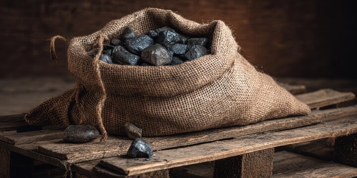 Bag of coal positioned on a wooden pallet, featuring smaller fragments of bituminous lignite
