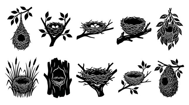 Bird nest vector icon set with hanging weaver nest eggs on tree branch twig nest hollow trunk and reed nest black silhouette illustration
