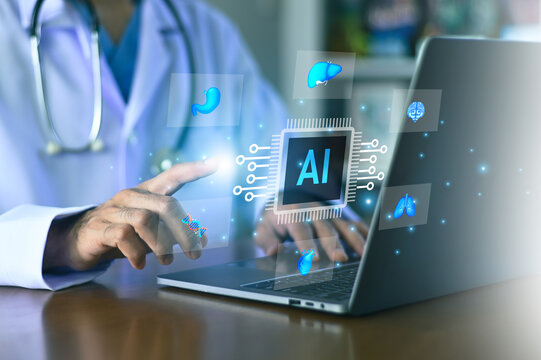 Doctor Analyzing Medical Data and Healthcare Information Using Artificial Intelligence Technology on a Laptop