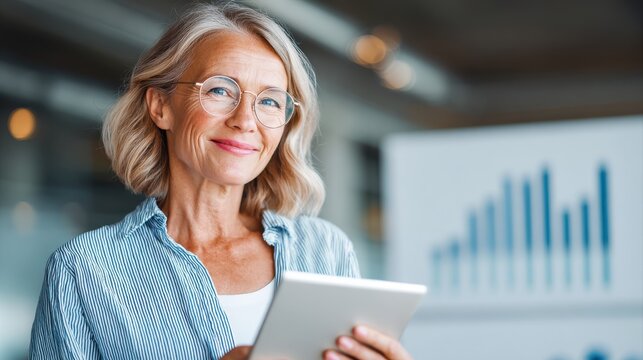 Mature woman, tablet and review results at office for metadata analysis, charts and app at company. Person, tech and scroll with feedback for finance statistics, solution or problem solving at agency