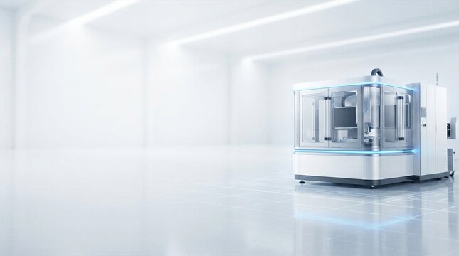 Large white automated manufacturing enclosure in an empty bright cleanroom environment with a glowing blue digital grid on the floor representing future factories.