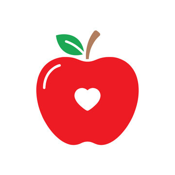 Minimalist red apple icon with a heart shaped core vector isolated on white background, flat cartoon fresh fruit symbol for healthy diet or education logo design.