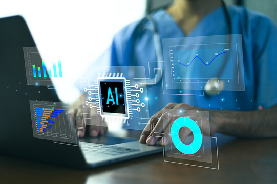 Doctor Analyzing Healthcare Data and Medical Information with Artificial Intelligence for Digital Healthcare Innovation