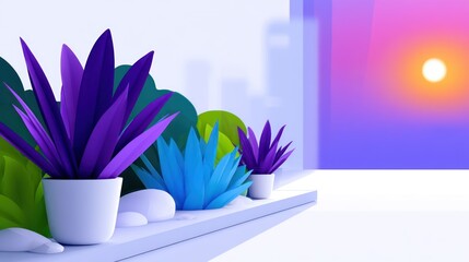 Fototapeta premium Vibrant potted plants in white pots on ledge; colorful sunrise backdrop and abstract foliage