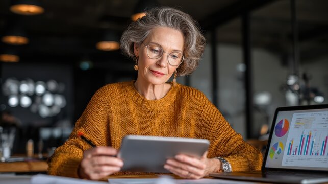 Mature woman, tablet and review results at office for metadata analysis, charts and app at company. Person, tech and scroll with feedback for finance statistics, solution or problem solving at agency
