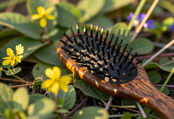 Fototapeta premium Wooden hairbrush with black bristles resting on green foliage and small yellow flowers in natural light, Sunlight casts soft shadows