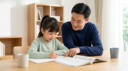 Obraz premium Young daughter receiving homework help from her Chinese father at home.