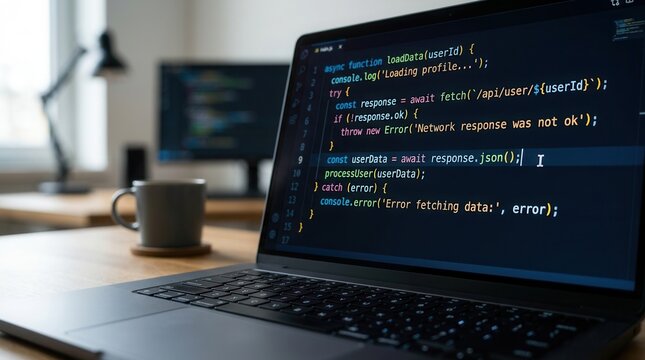 Software developer workspace featuring a dark editor interface and blinking cursor with a close up of programming code on a laptop screen