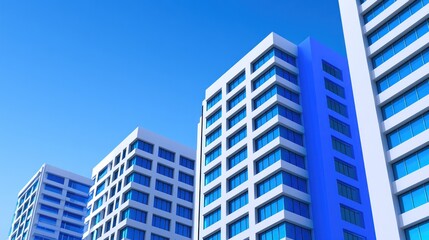 Fototapeta premium Four modern high-rise apartment buildings under a clear blue sky in an urban setting