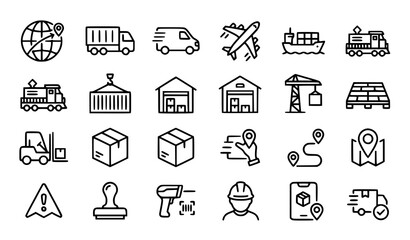 Fototapeta premium Set of hand drawn logistics and supply chain icons representing shipping transportation and warehouse management systems