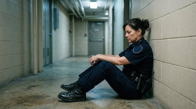 Tired woman in uniform leaning against a cinderblock wall during a long shift.