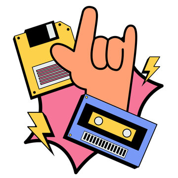 vector illustration of a retro hand metal with tape and disket