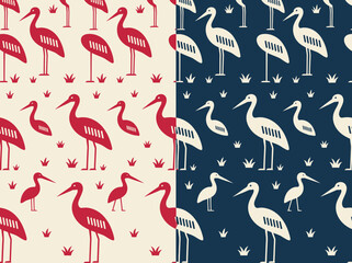 Naklejka premium Set of Two Seamless Minimalist Stork Bird Patterns in Red and Navy