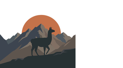 Obraz premium Minimalist alpaca silhouette against mountain landscape and orange sun