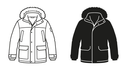 Winter parka with fur lined hood black and white line drawing © Mizanur
