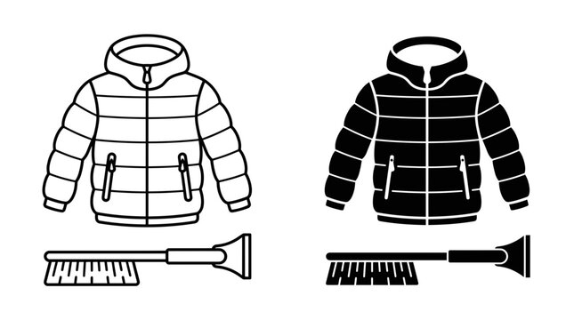 Padded winter jacket and snow brush black and white vector illustration