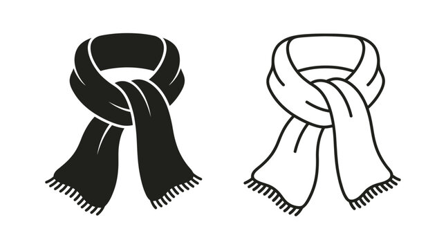 Black and white silhouettes of a wrapped scarf with fringed ends