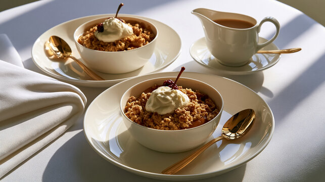 Two bowls of apple crumble dessert with whipped cream and cherry on top, served with a gold spoon and a gravy boat