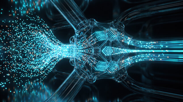 Artificial intelligence processing concept with glowing data particles moving through transparent neural structure illustrating machine learning computation digital networks future technology