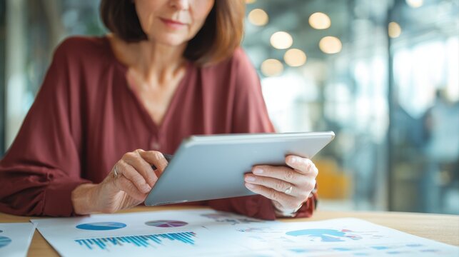 Mature woman, tablet and review results at office for metadata analysis, charts and app at company. Person, tech and scroll with feedback for finance statistics, solution or problem solving at agency