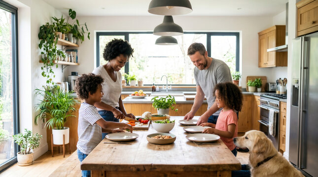 Family preparing healthy meal together in bright modern kitchen featuring parents children dog fresh vegetables showing home cooking teamwork parenting connection everyday family lifestyle
