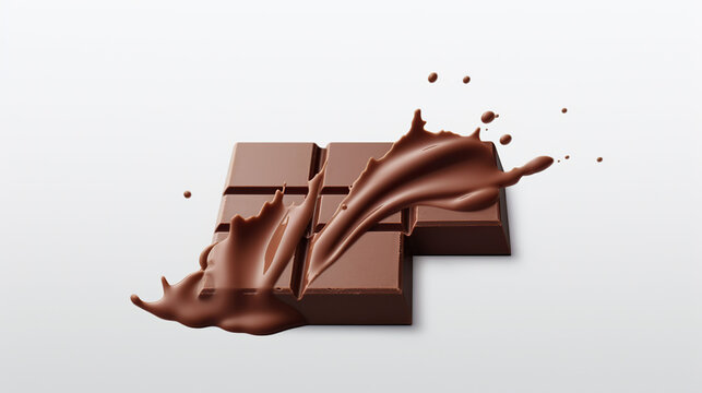 Chocolate Bar Splash: A delicious chocolate bar fragment with a dynamic splash of rich liquid chocolate creating an alluring and tempting visual.